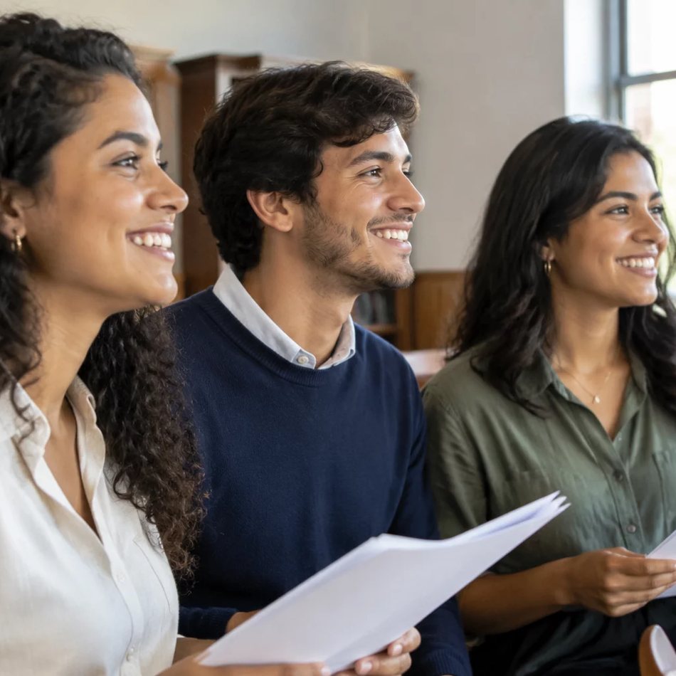 Turma em volta da mesa no fim do encontro, conferindo as anotações que fez durante a sessão